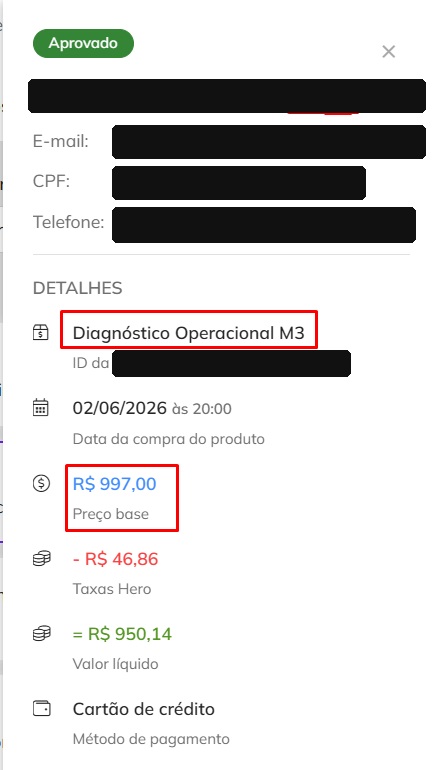 Pagamento de um Diagnóstico Operacional M3 no valor de R$997