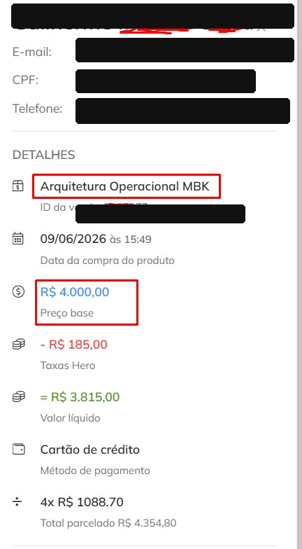 Pagamento de uma Arquitetura Operacional no valor de R$4.000